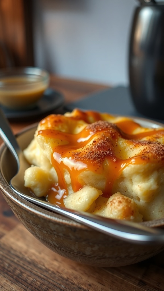 A golden brown bread pudding with caramel sauce, garnished with cinnamon, in a rustic bowl.